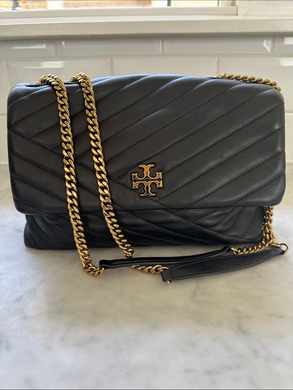 Tory Burch Kira Chevron Black Quilted Leather Bag with Gold Chain